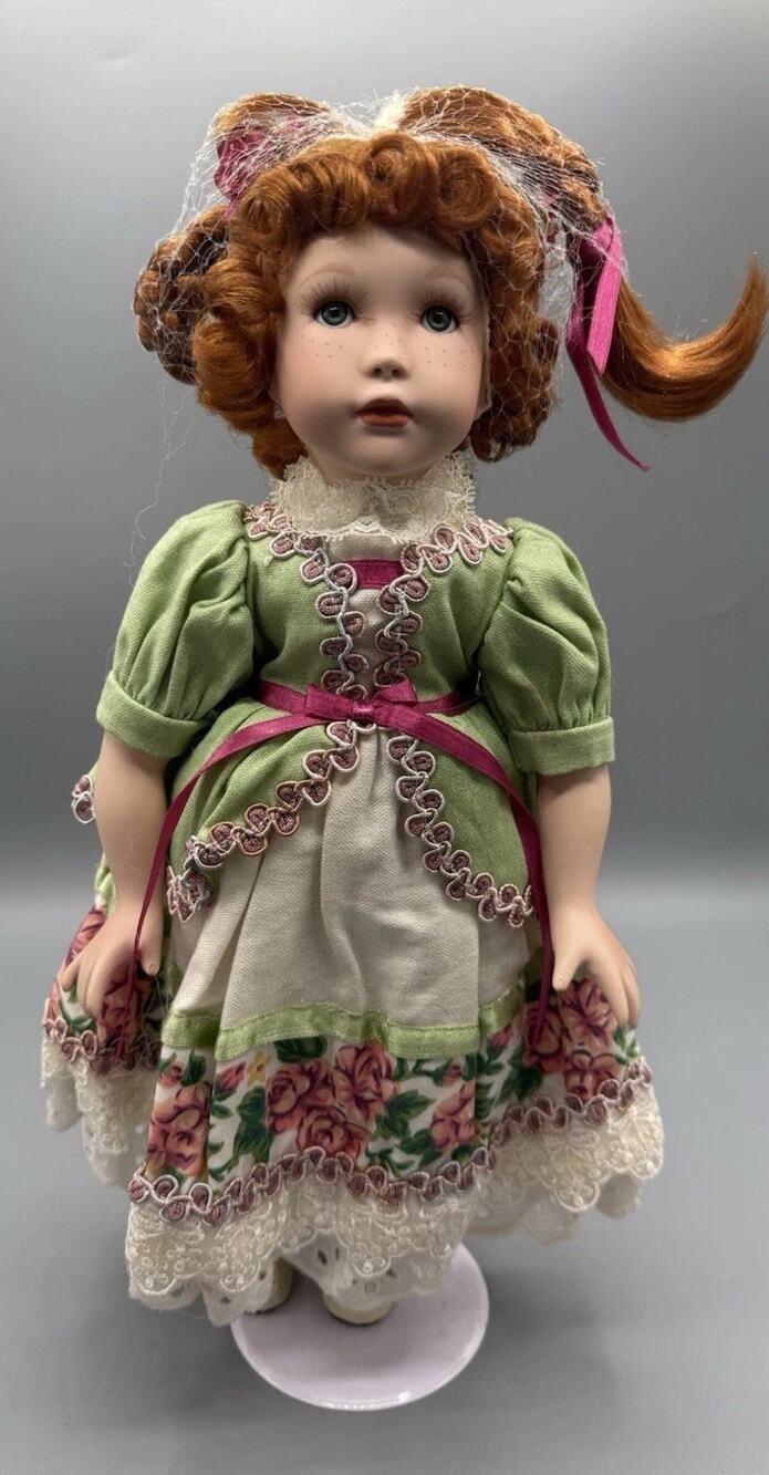Paradise Galleries Porcelain Doll 13” Red Hair Green Floral Victorian Dress